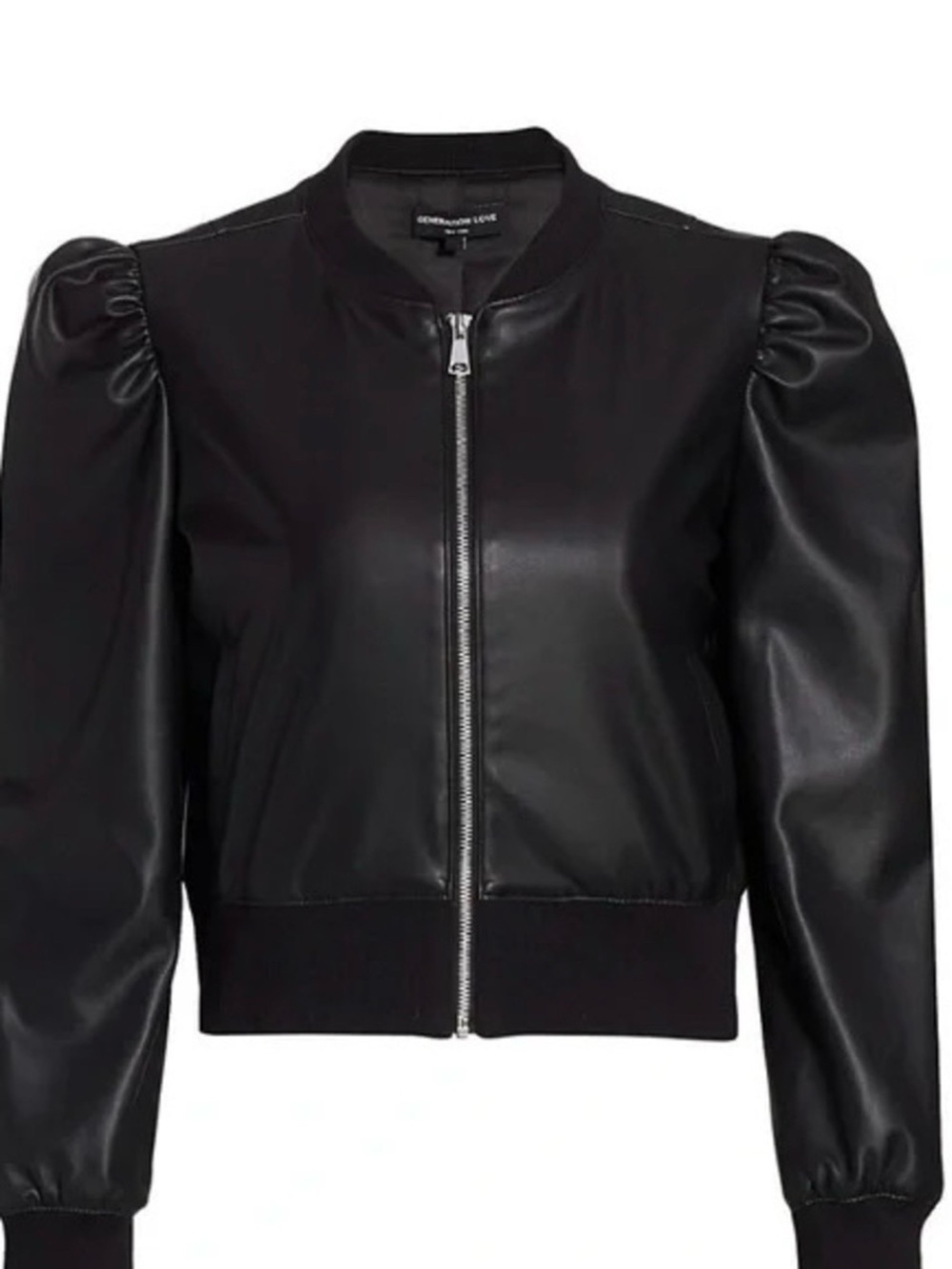 Generation Love Genuine Leather Puff-Sleeve Bomber Jacket - Black